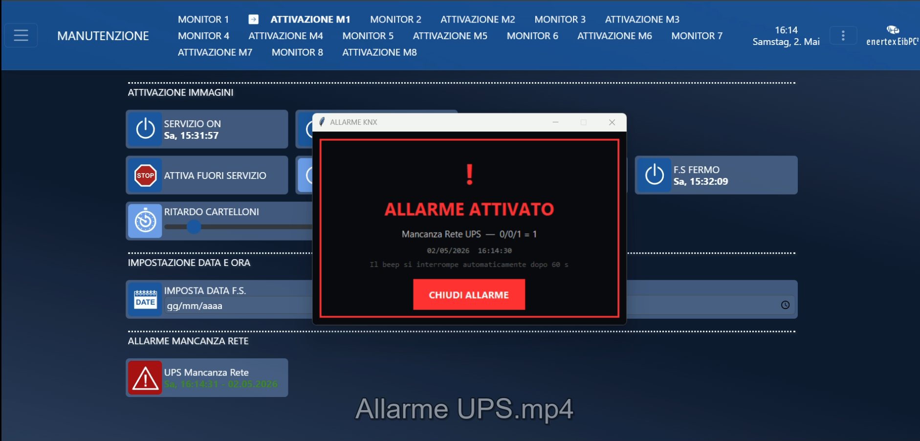 Pannello di controllo web con popup dell'app KNX Alert attivo per mancanza rete UPS