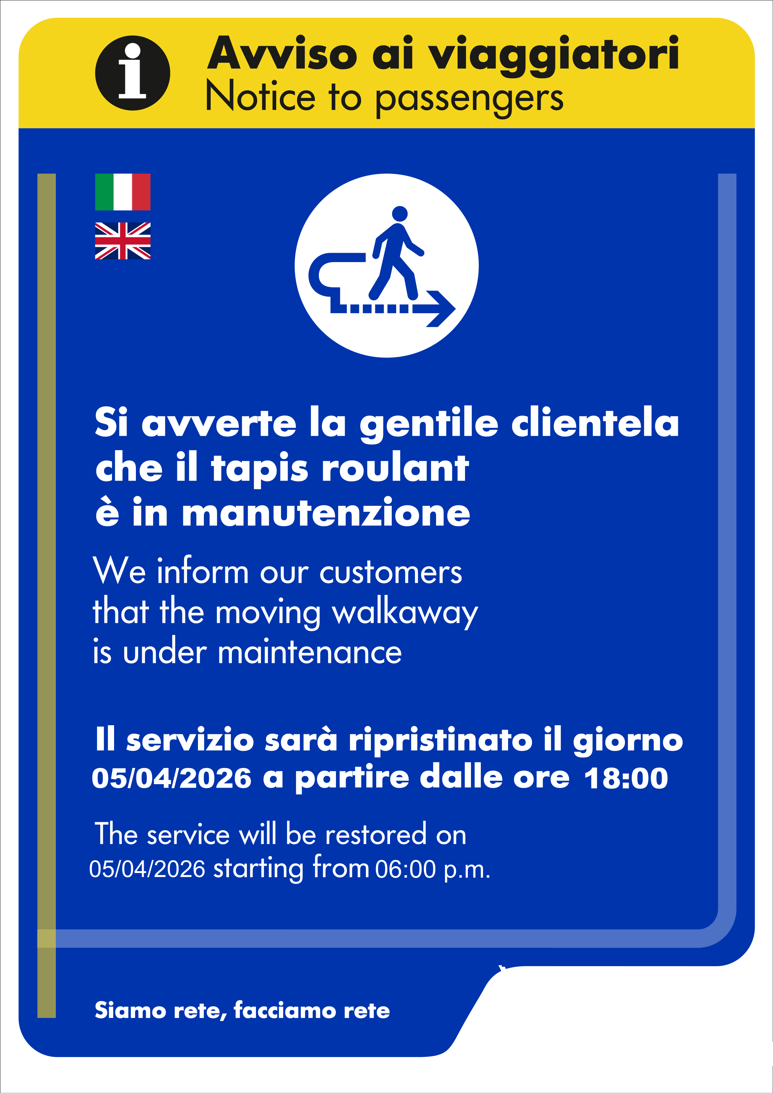 Cartellone digitale in modalità fuori servizio programmato, con data e ora di ripristino